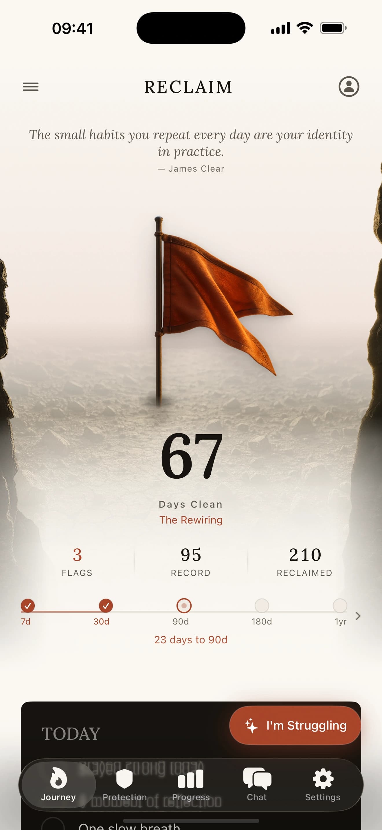 The Journey screen: days clean, flags planted, and the days remaining to the next milestone.